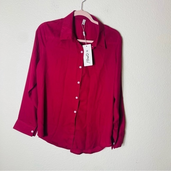 OMSJ Button Down Long Sleeve Chiffon V-Neck Casual Blouse Red NWT Size:M - Picture 1 of 6